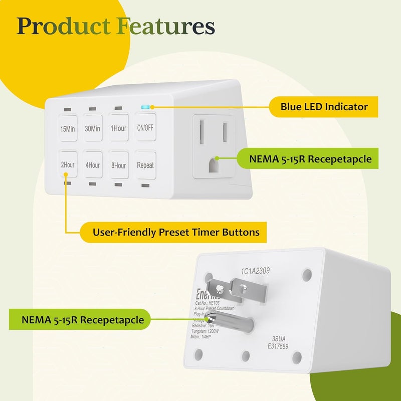 TG 8-Hour Indoor Countdown Plug-in Timer, Timer for Electrical Outlets, 15-30 Min 1-2-4-8 Hour, UL Listed, for Fans or Lights, 1/4 HP, White - Image 4